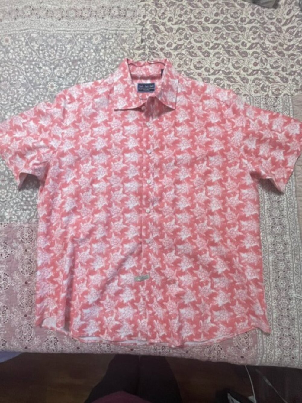 Charleston Threads Turtle Print Linen Blend Button Short Sleeve Size XL